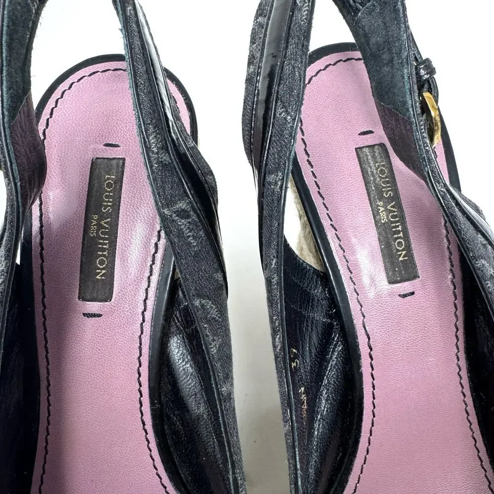 Louis Vuitton Black Monogram Denim Patent Leather Bow Espadrille Wedges 39